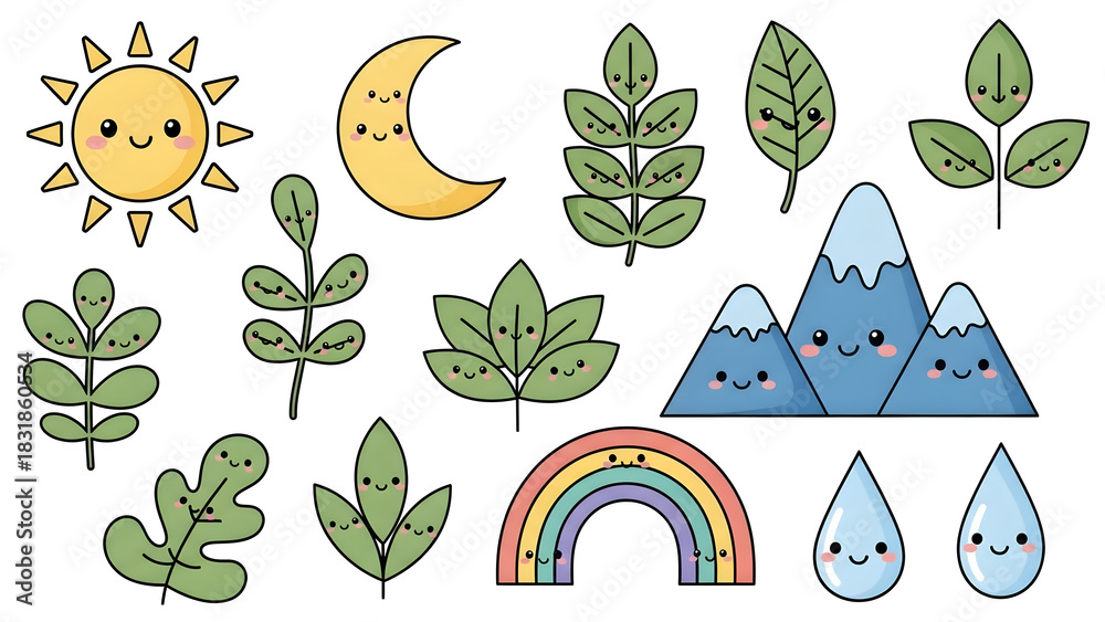 Fototapeta premium Collection of Kawaii-style natural elements including sun, moon, leaves, mountains, rainbow, and raindrops for a whimsical theme