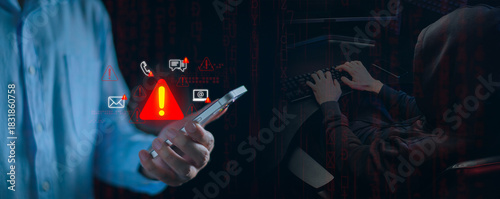 Businessman using smartphone with system warning alerts, Concept of cyber threat, phishing, scam messages, suspicious calls, and online security risks on communication.