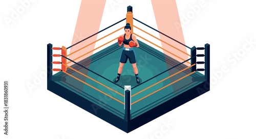 Isometric boxing ring with focused boxer under spotlights