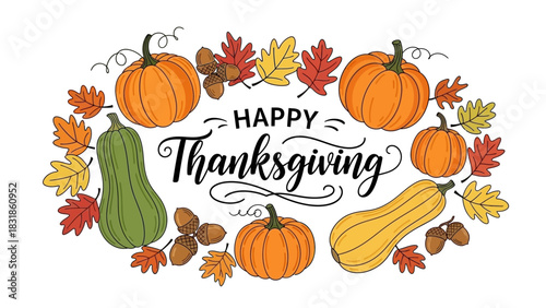 Thanksgiving Wishes Festive Pumpkins, Gourds, and Autumn Leaves in a Seasonal Greeting