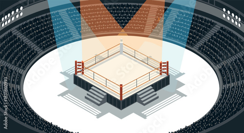 Isometric boxing ring in large arena with colorful spotlights and audience
