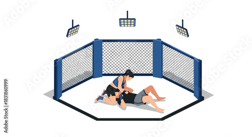 Mixed martial arts match in cage arena with fighters under spotlights