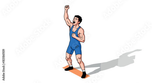 Celebrating wrestler in blue singlet against white background