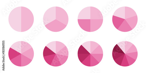 Set of colorful pie charts. Colorful pie charts with varying segments. Circle section graph. Pie chart set. Pie charts diagrams. Different color circles. donut and pie chart infographic elements set.