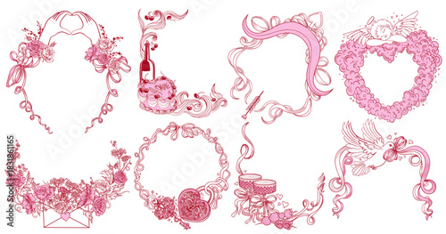 A set of 8 romantic decorative frames. A collection of decorations for Valentine's Day cards. Cute and elegant prints with bows, flowers, ribbons, festive drinks, desserts, angels, Cupid's arrows