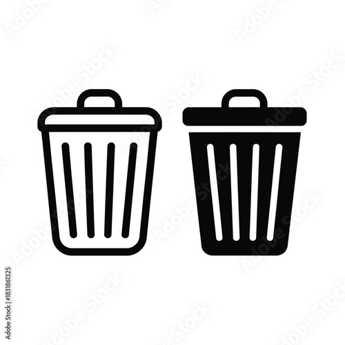Two stylized trash cans, one outlined and one solid black, are displayed side-by-side.