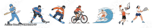 Modern athlete illustration set featuring multiple sports disciplines in energetic active poses