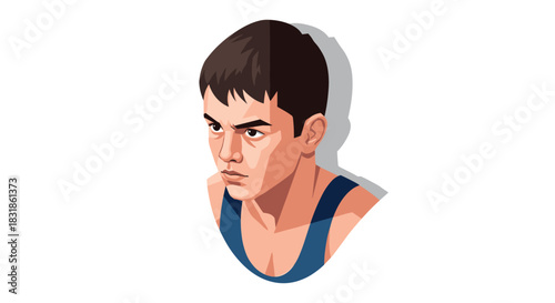 Colorful pop art portrait of a focused man in a blue tank top with shadow effect