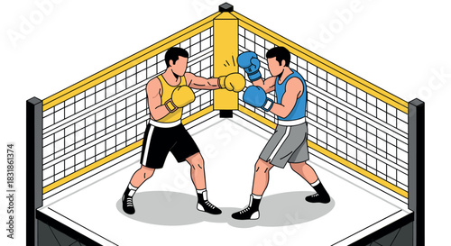 Intense boxing match in isometric style - two fighters sparring in ring