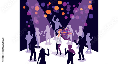Vibrant dance floor: silhouettes and lights in a neon party scene