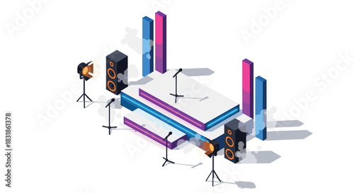 Isometric music stage setup with speakers and microphones on white background