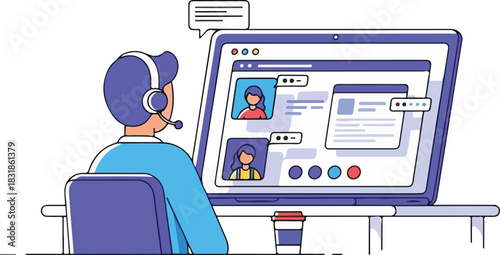 Man wearing headset sits at desk with large computer monitor displaying video call