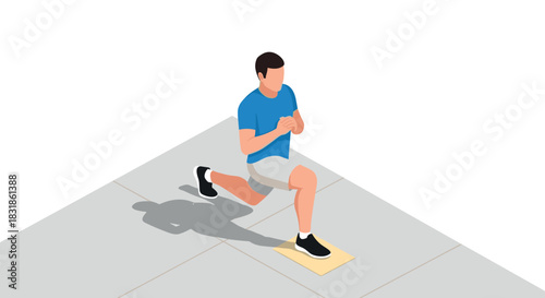 Isometric home workout: man doing lunges with exercise mat on tile floor