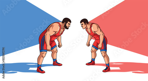 Dynamic wrestling duel: two athletes in action on colorful background