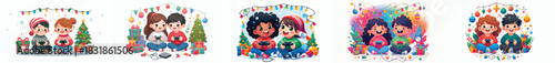 Two little kids playing console games. Gamer Christmas. Vektor, design, minimalist, illustrations, set icon