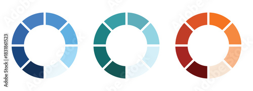 Colorful pie chart set with increasing segment count. Circle charts collection. Flat pastel design, clean geometric layout. Ideal for infographic, presentation, UI, dashboard, report, diagram