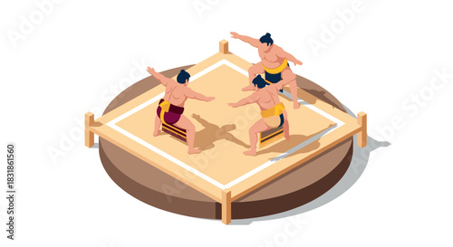 Isometric sumo wrestlers in traditional ring competition scene on white background