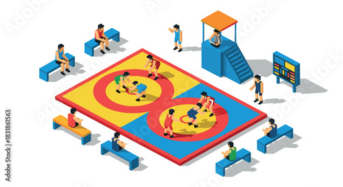 Isometric wrestling match scene with spectators and referee on colorful mat