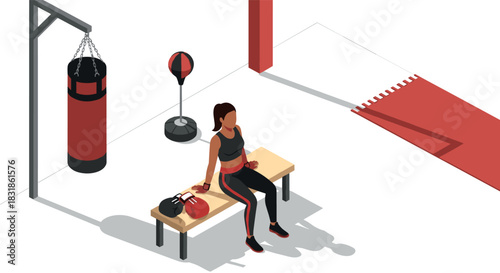 Woman resting in modern gym with boxing equipment and punching bag