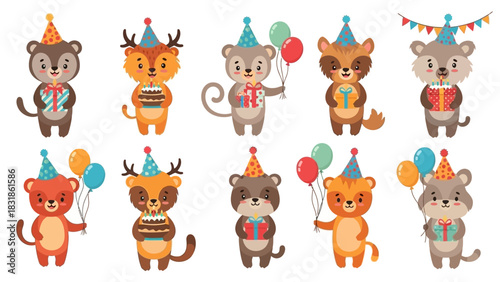 Adorable Woodland Animals Celebrating Birthday Party Set with Gifts, Balloons, and Cakes - Cute Cartoon Characters for Festive Design Elements