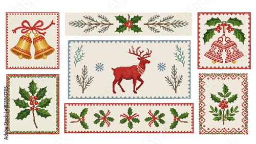 Festive holiday cheer with pixel art inspired Christmas elements, perfect for seasonal promotions and joyful designs