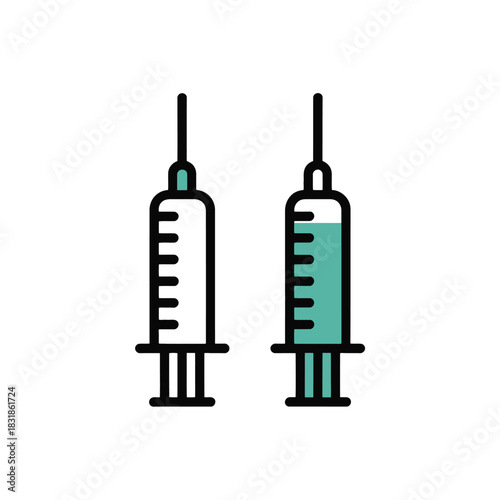 Two medical syringes, one filled with liquid and the other empty, symbolize healthcare and treatment.