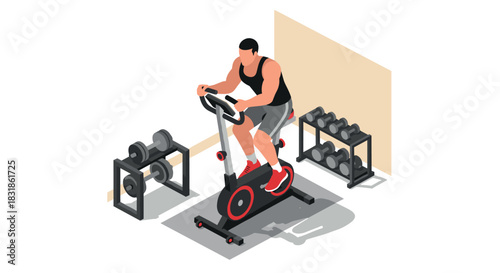 Fitness enthusiast cycling indoors surrounded by dumbbells in modern isometric gym