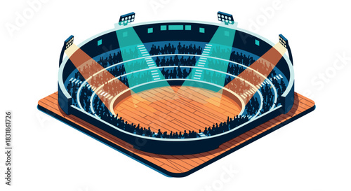 Illuminated sports arena interior with seating and stage for events