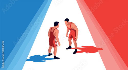 Isometric wrestling match with colored light and shadows in dynamic composition