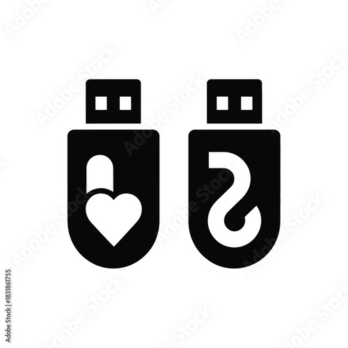 Two USB flash drives, one with a heart symbol and the other with a question mark.