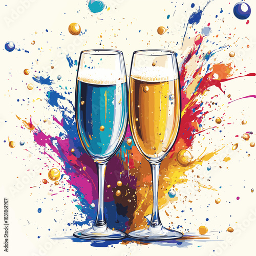 Happy new year - two champagne glasses in colorful abstract splash with golden spheres flying around , vector style simple color