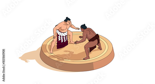 Isometric sumo wrestlers competing in a traditional dojo setting