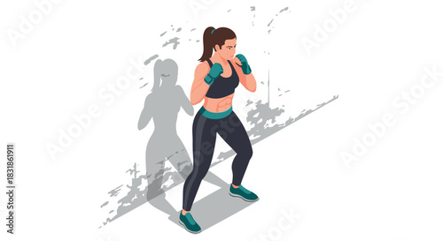 Isometric female boxer in fighting stance with shadow on grunge background