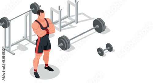 Isometric gym scene with bodybuilder and weightlifting equipment