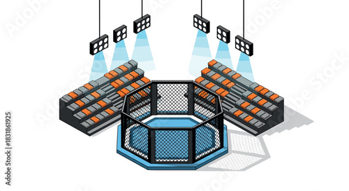 Isometric arena with octagonal fighting ring and spectator stands