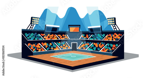 Dynamic indoor basketball arena with modern design and vibrant seating