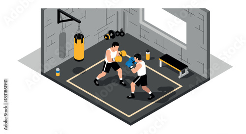 Isometric boxing training scene in modern gym with athletes sparring
