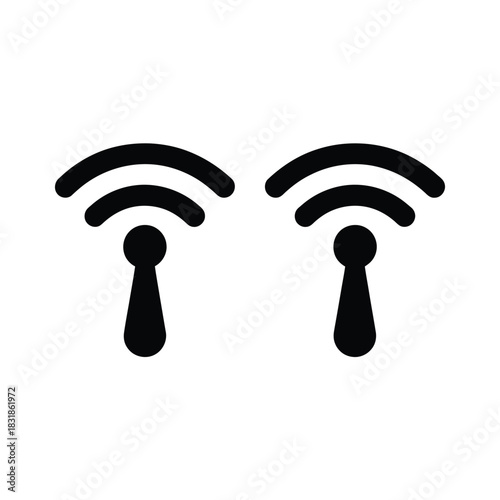 Two abstract antenna icons indicate wireless signal transmission and communication.