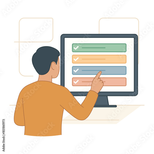 Man pointing at a computer screen displaying a colorful checklist of completed tasks.