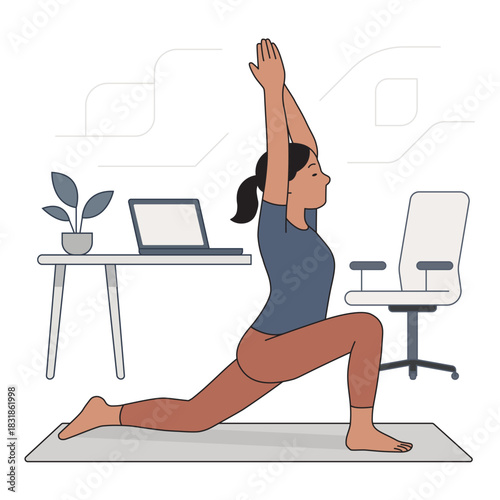 Woman doing a yoga lunge pose on a mat beside a desk and chair in a home office.