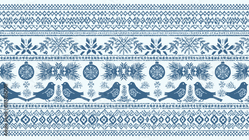 Elegant blue Nordic folk art pattern with birds, snowflakes, and ornaments for winter holidays and cozy designs