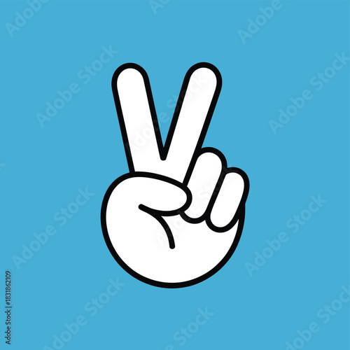 A white hand forms the victory sign against a bright blue background.