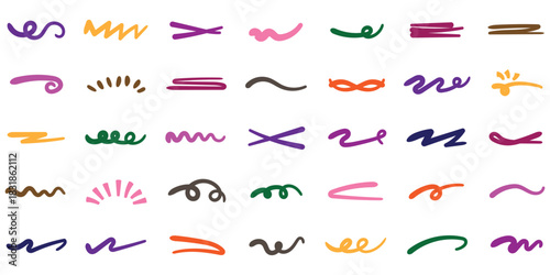 Set of hand drawn doodle lines underlines and squiggle lines, scribbles elements. Decorative doodles sketch scribble hand drawn handmade pencil pen marker set vector graphic design illustration. 