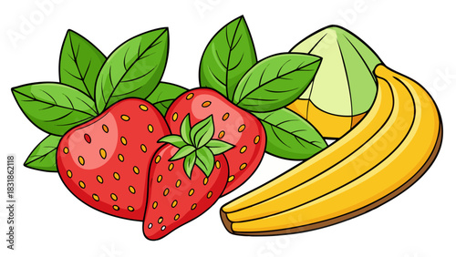 Fresh strawberries and bananas with a citrus juicer