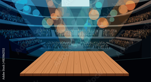 Vibrant concert stage with audience and colorful lights in modern stadium setting