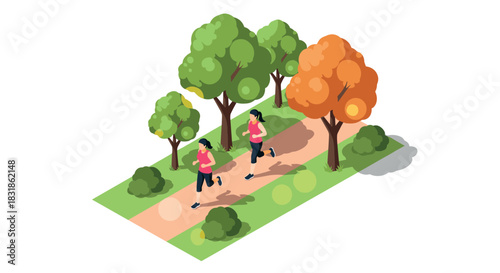 Isometric autumn park with joggers and colorful trees in flat design