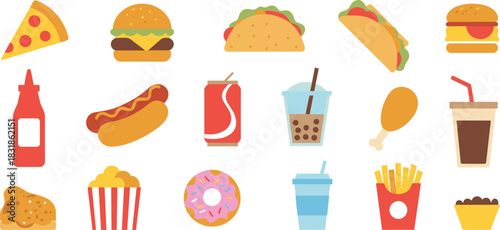 Flat colorful fast food icons featuring pizza, burgers, tacos, drinks, sauces, popcorn, donut, fries, and chicken in modern vector style