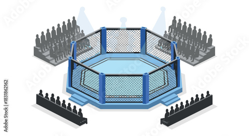 Hexagonal cage arena with spectator silhouettes in isometric style