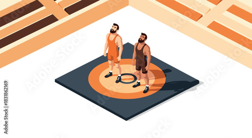 Isometric wrestling match with two athletes in arena setting