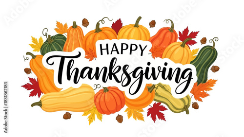 Autumnal greeting card design featuring festive pumpkins, colorful gourds, and falling leaves for the Thanksgiving holiday celebration